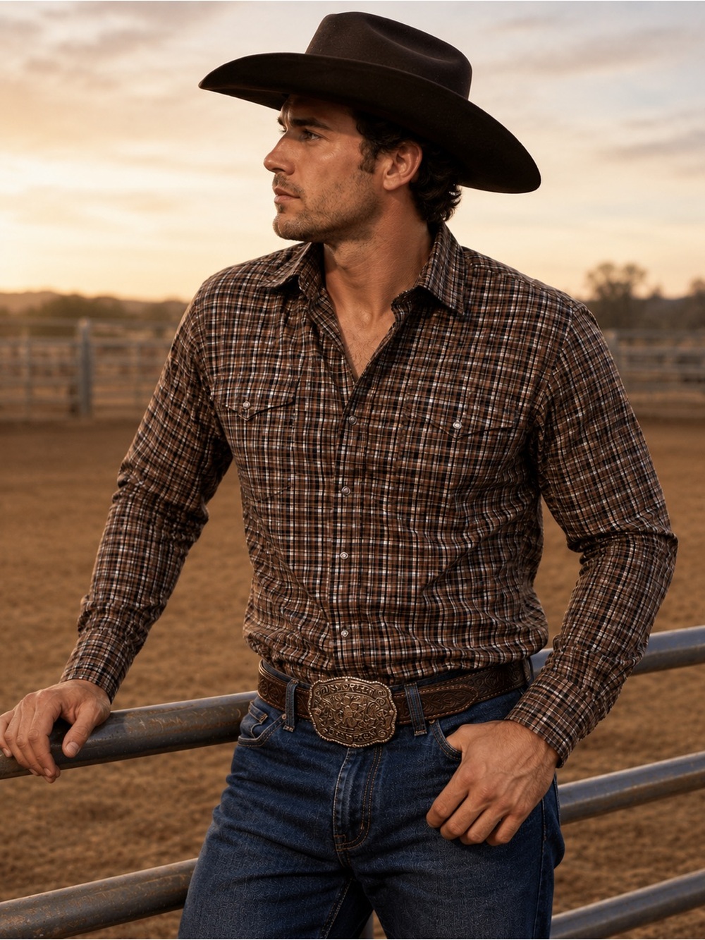 Wrangler Brown Plaid Long-Sleeve Button Down Shirt